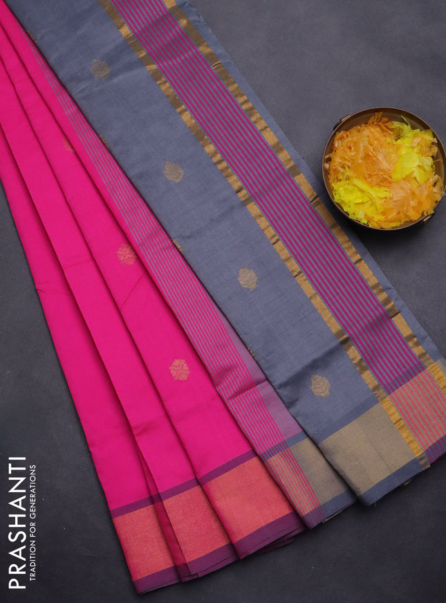 Semi silk cotton saree pink and grey with zari woven buttas and zari woven border
