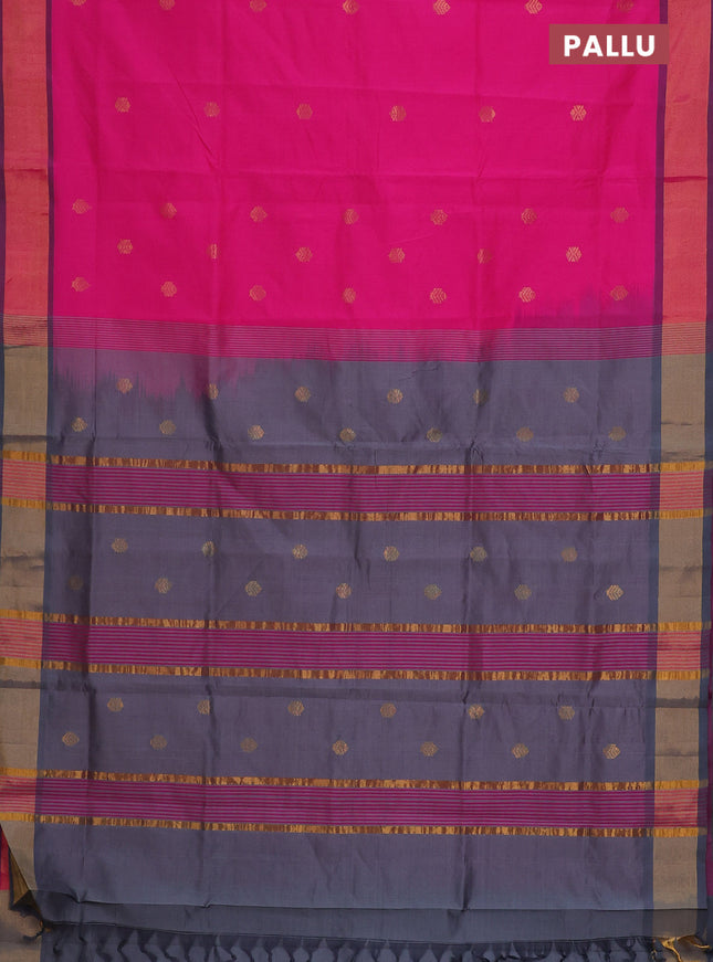 Semi silk cotton saree pink and grey with zari woven buttas and zari woven border