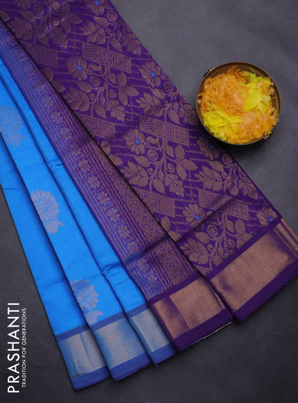 Semi silk cotton saree cs blue and violet with zari woven floral buttas and zari woven border