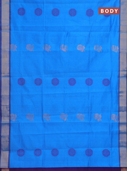 Semi silk cotton saree cs blue and violet with zari woven floral buttas and zari woven border