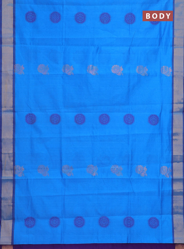Semi silk cotton saree cs blue and violet with zari woven floral buttas and zari woven border