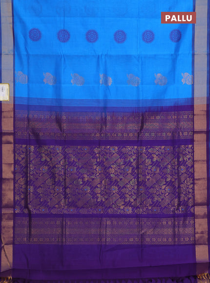 Semi silk cotton saree cs blue and violet with zari woven floral buttas and zari woven border