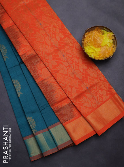 Semi silk cotton saree peacock green and orange with zari woven floral buttas and zari woven border
