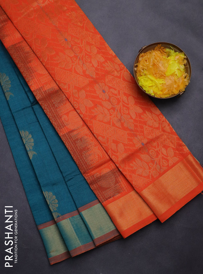 Semi silk cotton saree peacock green and orange with zari woven floral buttas and zari woven border