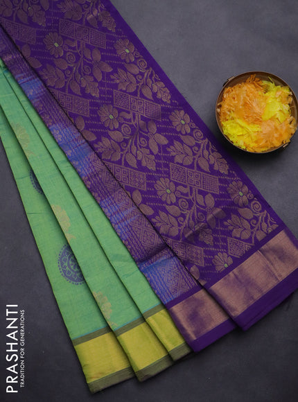 Semi silk cotton saree dual shade of green and violet with zari woven floral buttas and zari woven border