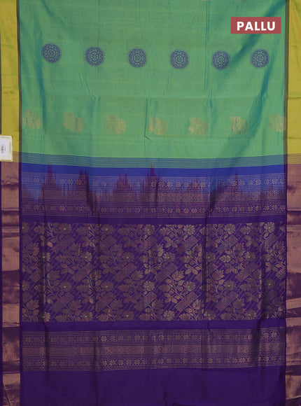 Semi silk cotton saree dual shade of green and violet with zari woven floral buttas and zari woven border