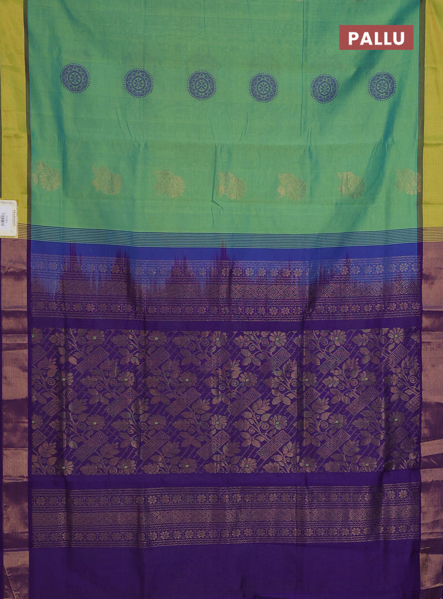 Semi silk cotton saree dual shade of green and violet with zari woven floral buttas and zari woven border