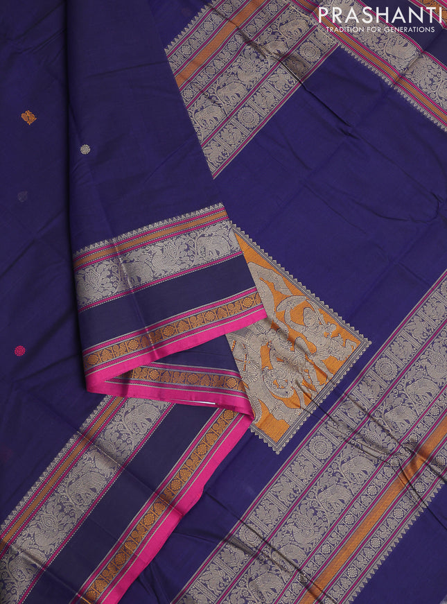 Kanchi cotton saree navy blue and pink with thread woven buttas and long rettapet thread woven border