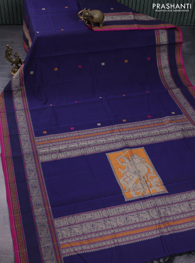 Kanchi cotton saree navy blue and pink with thread woven buttas and long rettapet thread woven border