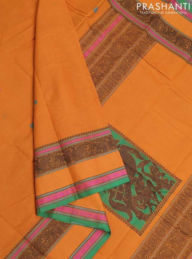 Kanchi cotton saree mustard yellow and green with thread woven buttas and long rettapet thread woven border