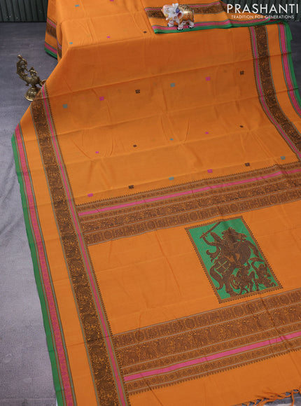 Kanchi cotton saree mustard yellow and green with thread woven buttas and long rettapet thread woven border