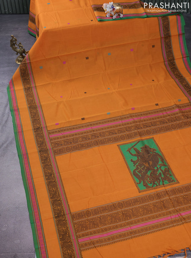 Kanchi cotton saree mustard yellow and green with thread woven buttas and long rettapet thread woven border