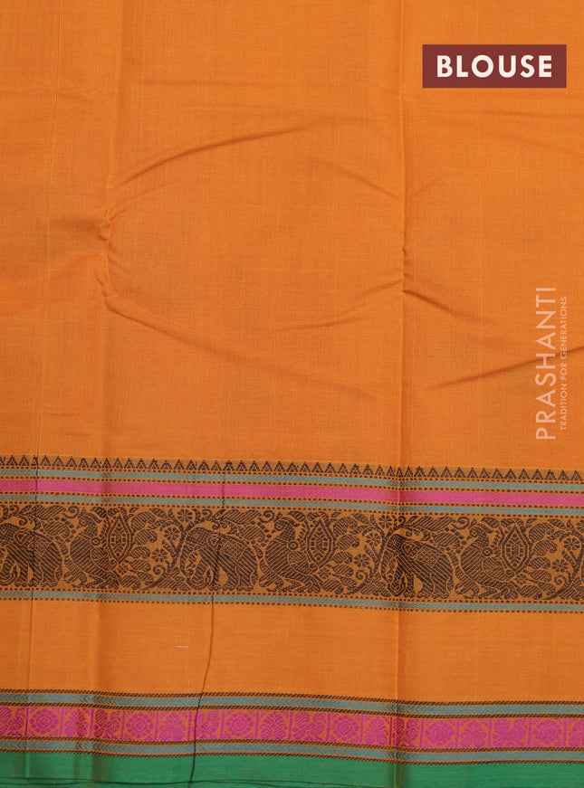 Kanchi cotton saree mustard yellow and green with thread woven buttas and long rettapet thread woven border