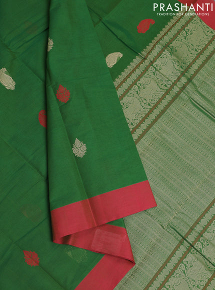 Kanchi cotton saree green and red with thread woven buttas and simple border
