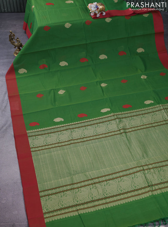 Kanchi cotton saree green and red with thread woven buttas and simple border