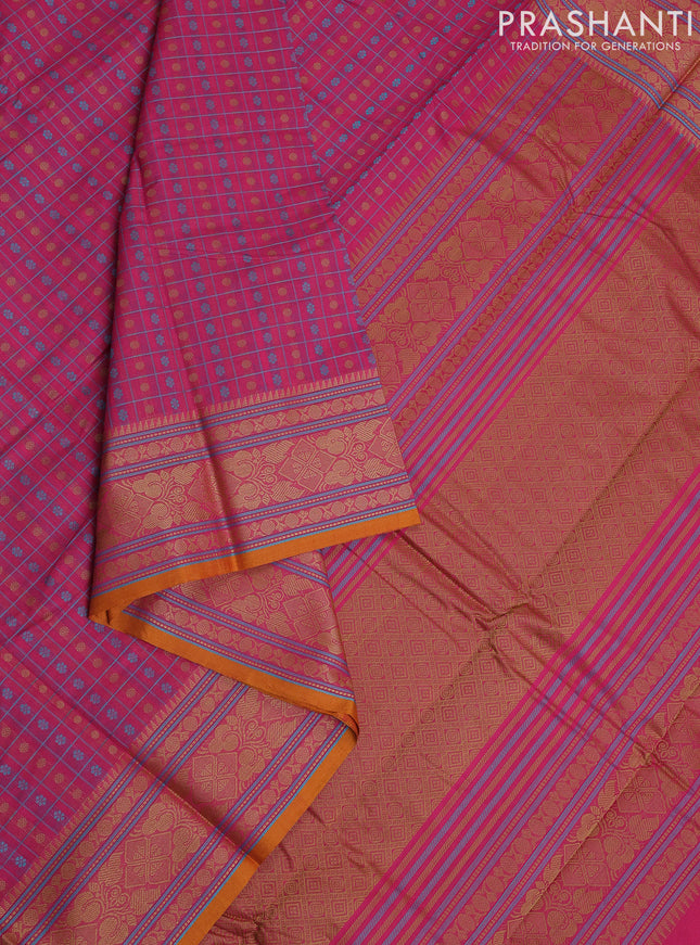 Kanchi cotton saree pink and mustard yellow with allover lakshadeepam weaves and thread woven border