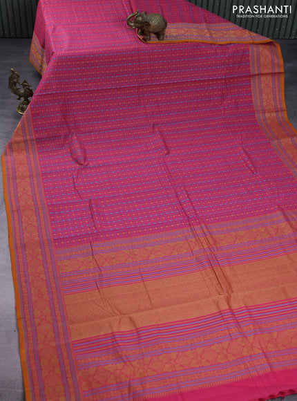 Kanchi cotton saree pink and mustard yellow with allover lakshadeepam weaves and thread woven border