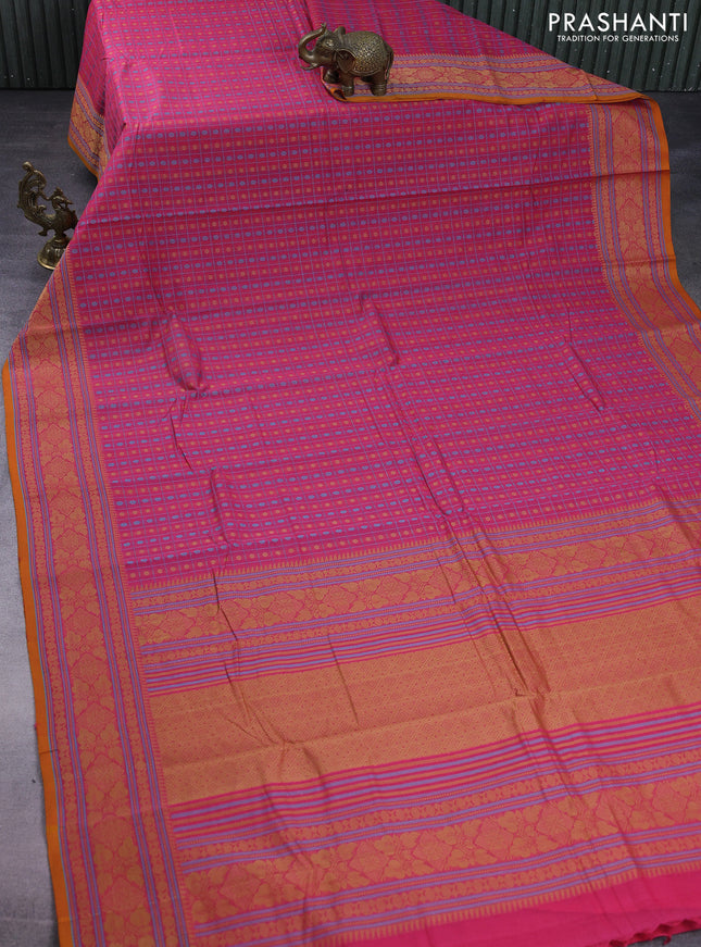 Kanchi cotton saree pink and mustard yellow with allover lakshadeepam weaves and thread woven border