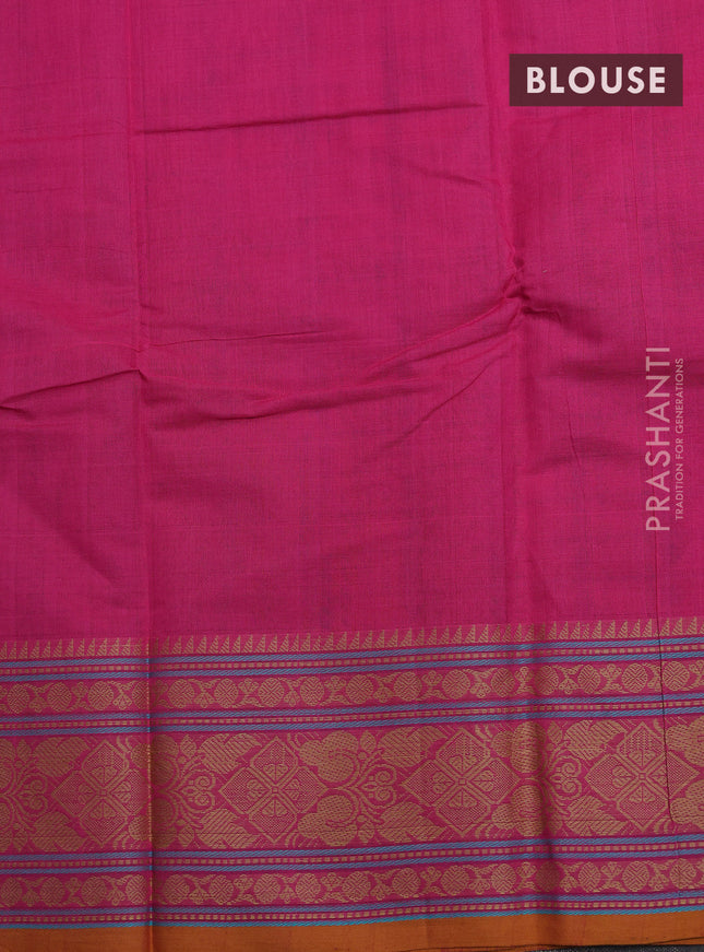 Kanchi cotton saree pink and mustard yellow with allover lakshadeepam weaves and thread woven border