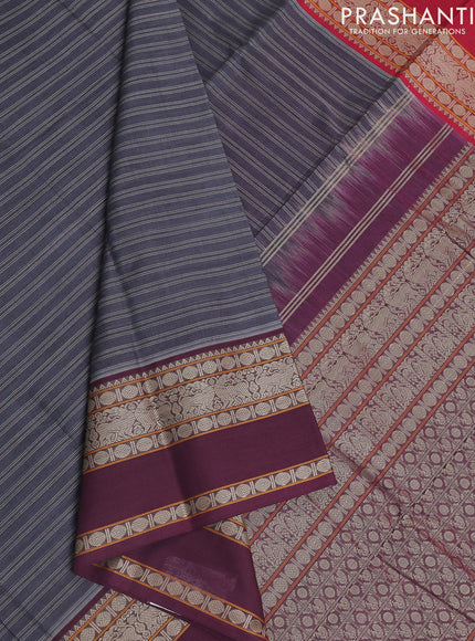 Kanchi cotton saree grey and wine shade with allover stripe pattern and rettapet thread woven border