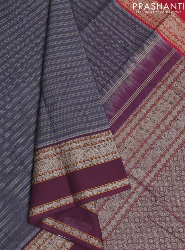 Kanchi cotton saree grey and wine shade with allover stripe pattern and rettapet thread woven border