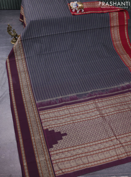 Kanchi cotton saree grey and wine shade with allover stripe pattern and rettapet thread woven border
