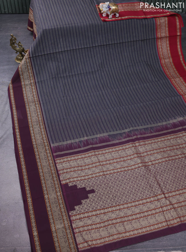 Kanchi cotton saree grey and wine shade with allover stripe pattern and rettapet thread woven border