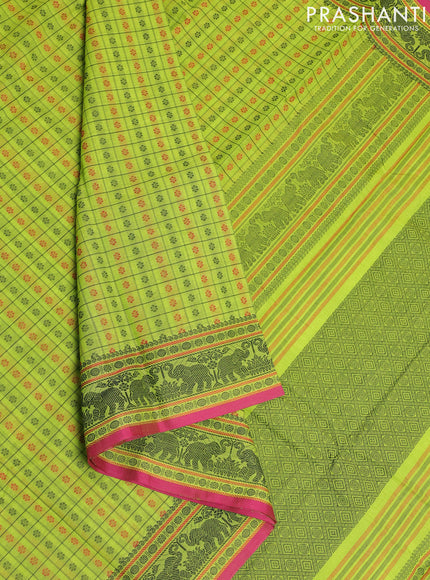 Kanchi cotton saree lime green and pink with allover thread checks & buttas and thread woven border