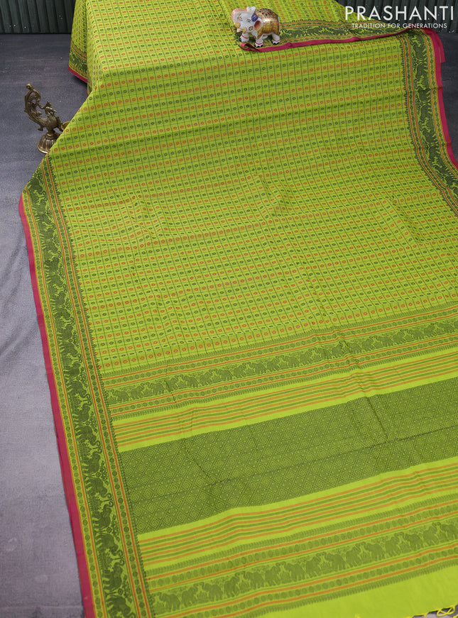 Kanchi cotton saree lime green and pink with allover thread checks & buttas and thread woven border