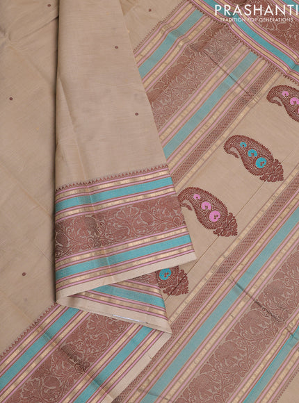 Kanchi cotton saree beige with thread woven buttas and thread woven border