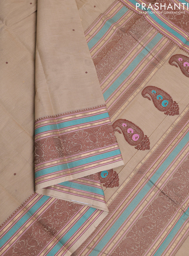 Kanchi cotton saree beige with thread woven buttas and thread woven border