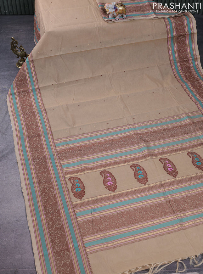 Kanchi cotton saree beige with thread woven buttas and thread woven border