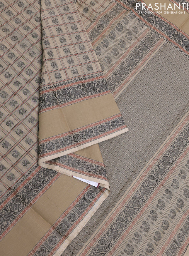 Kanchi cotton saree beige with allover thread checks & buttas and rettapet thread woven border