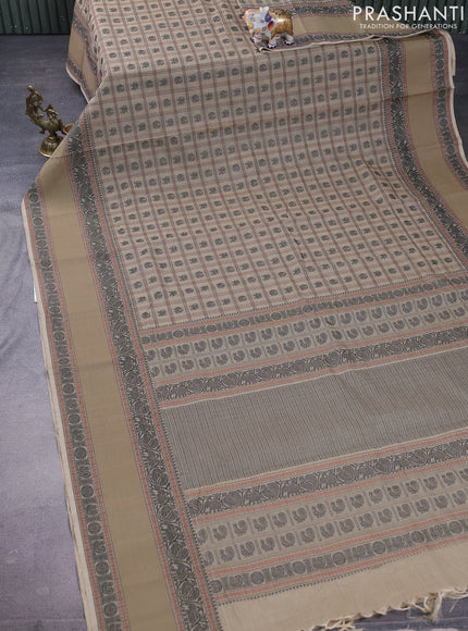 Kanchi cotton saree beige with allover thread checks & buttas and rettapet thread woven border