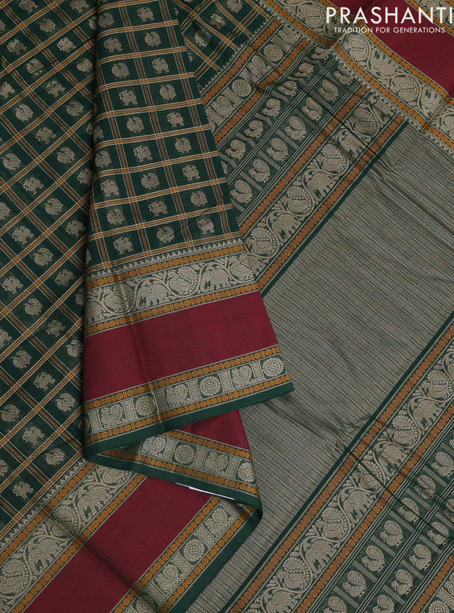 Kanchi cotton saree green and deep maroon with allover thread checks & buttas and rettapet thread woven border