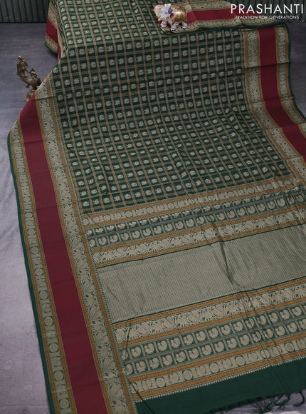 Kanchi cotton saree green and deep maroon with allover thread checks & buttas and rettapet thread woven border