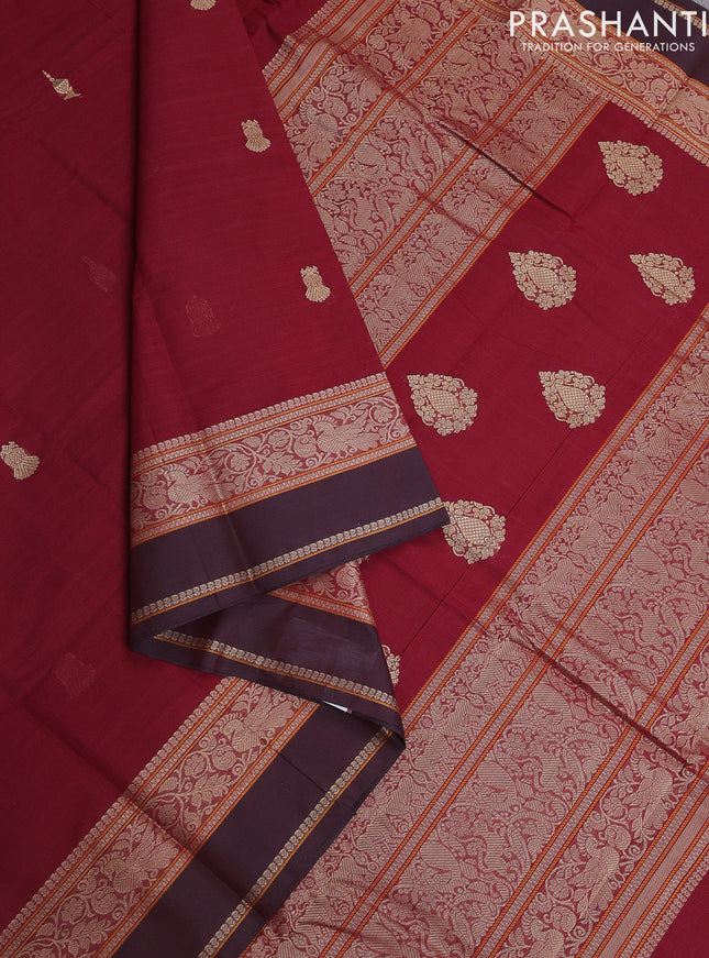 Kanchi cotton saree maroon and deep maroon with thread woven buttas and rettapet thread woven border