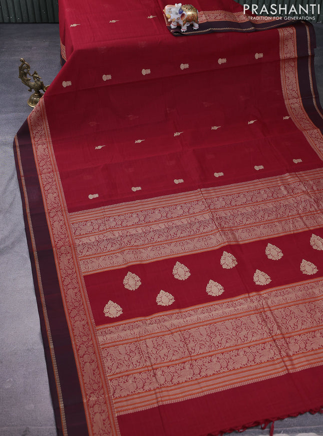 Kanchi cotton saree maroon and deep maroon with thread woven buttas and rettapet thread woven border