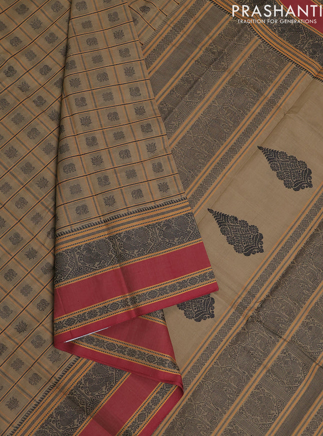Kanchi cotton saree beige and maroon with allover thread checks & buttas and rettapet thread woven border