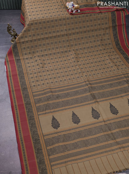 Kanchi cotton saree beige and maroon with allover thread checks & buttas and rettapet thread woven border