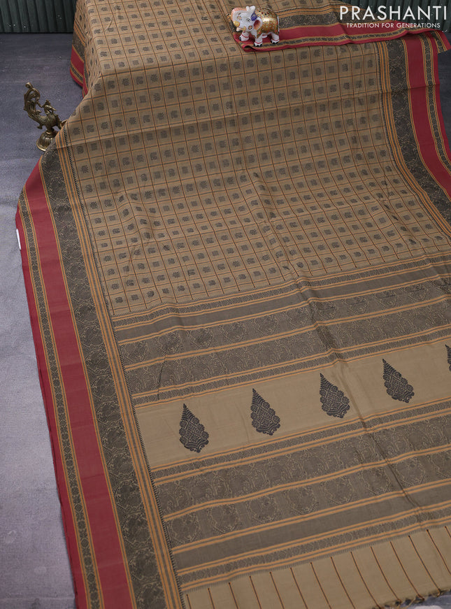 Kanchi cotton saree beige and maroon with allover thread checks & buttas and rettapet thread woven border