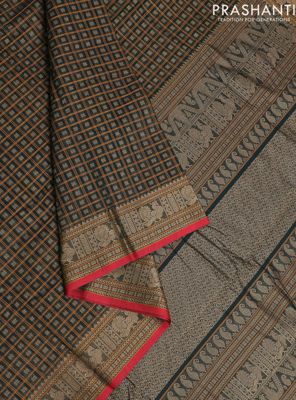 Kanchi cotton saree bottle green and maroon with allover thread checks & buttas and zari woven border