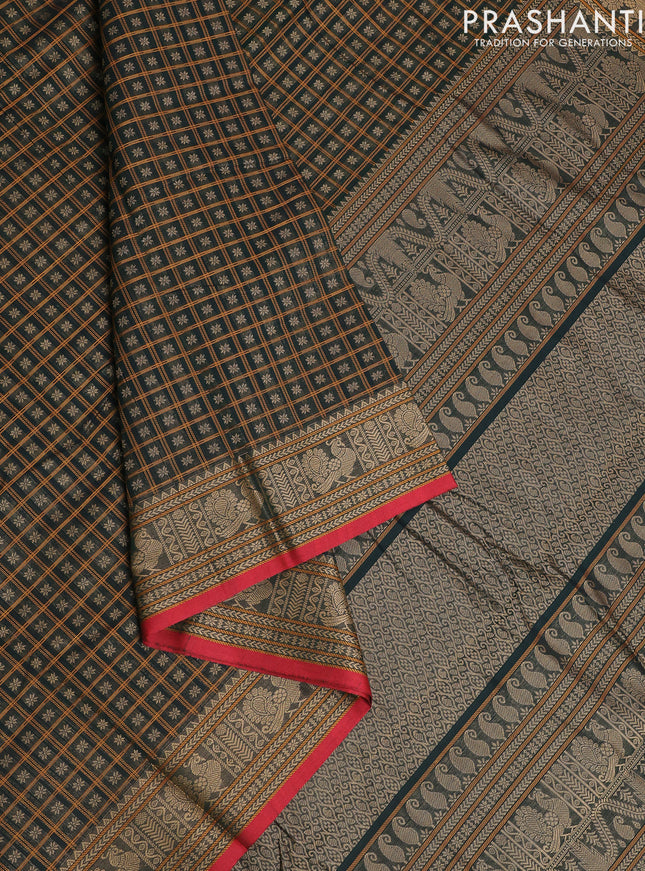 Kanchi cotton saree bottle green and maroon with allover thread checks & buttas and zari woven border