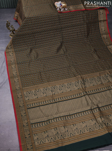Kanchi cotton saree bottle green and maroon with allover thread checks & buttas and zari woven border