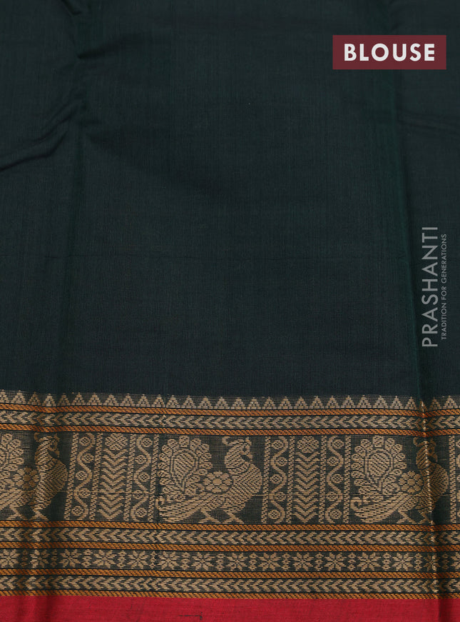Kanchi cotton saree bottle green and maroon with allover thread checks & buttas and zari woven border