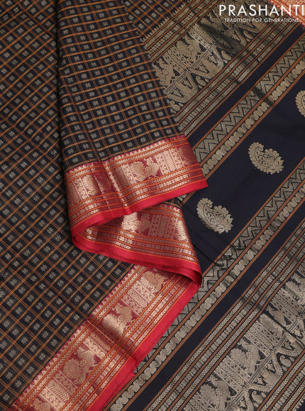 Kanchi cotton saree black and maroon with allover thread checks & buttas and zari woven border