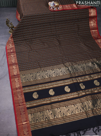 Kanchi cotton saree black and maroon with allover thread checks & buttas and zari woven border