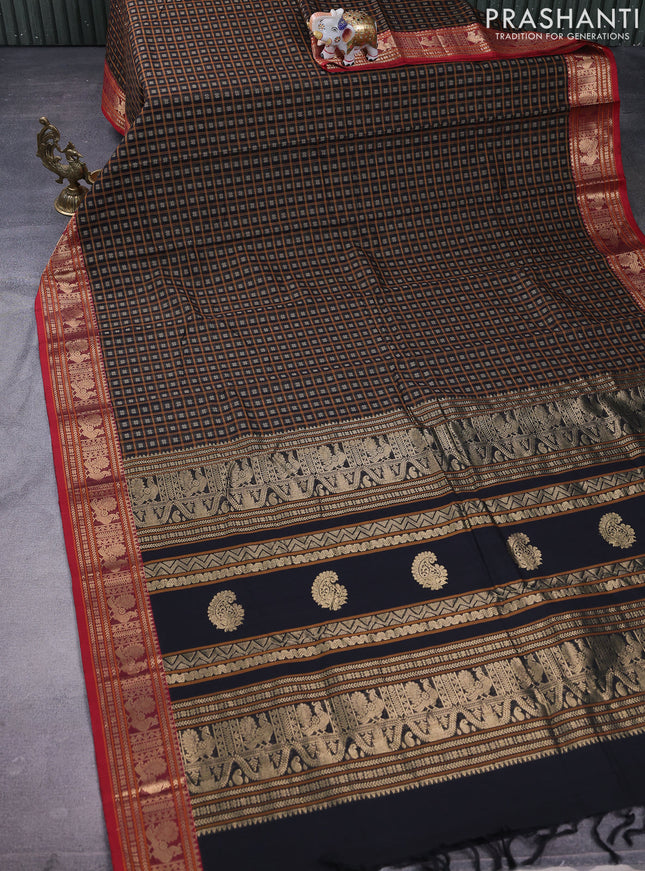 Kanchi cotton saree black and maroon with allover thread checks & buttas and zari woven border