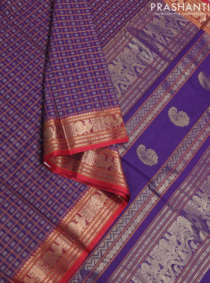 Kanchi cotton saree violet and red with allover thread checks & buttas and zari woven border