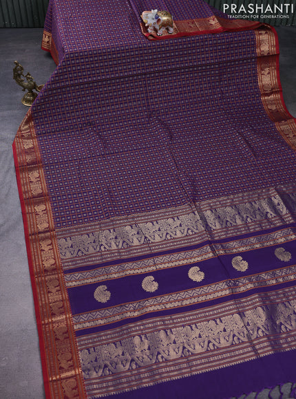 Kanchi cotton saree violet and red with allover thread checks & buttas and zari woven border